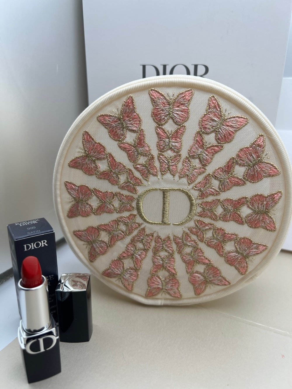 Dior CD Embroidered Butterflies Round Cosmetic Pouch & Dior Lipstick .05 Oz NWOT